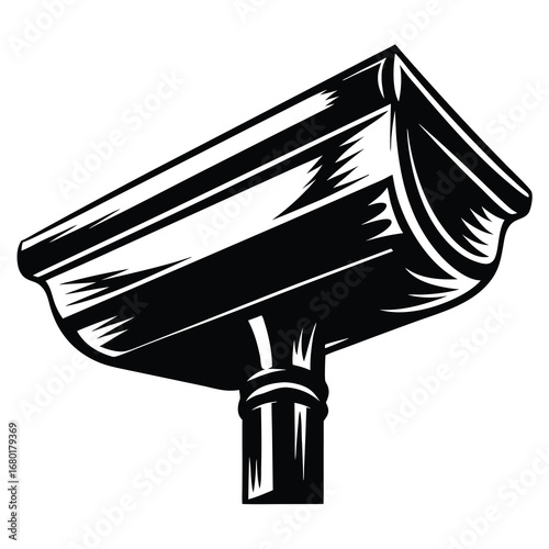 Monochrome Vector Illustration of a Rain Gutter System with Drainpipe Outlet