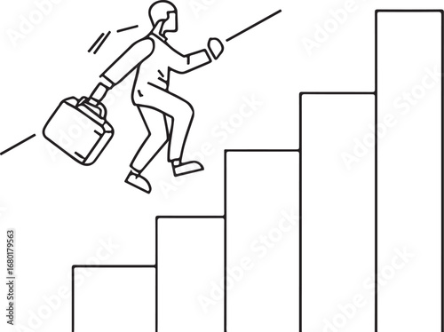 Businessman climbing steps with briefcase representing career growth and success with determination and motivation a vector line art illustration