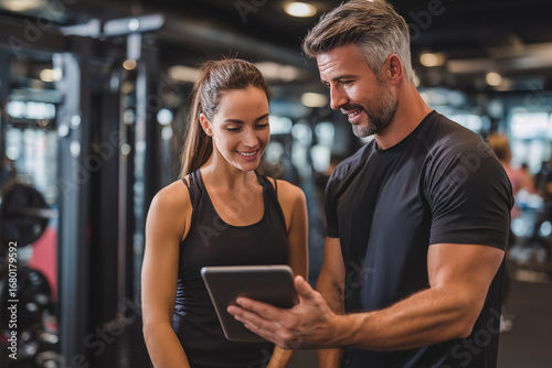 Personal trainer showing digital tablet to woman in gym