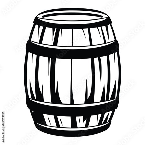 Monochrome illustration of a wooden barrel with metal bands on a white background