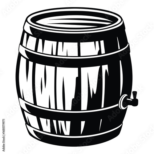 Monochrome vector illustration of a wooden barrel with a spigot