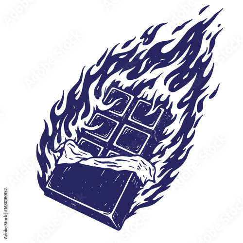 A dark blue chocolate bar surrounded by flames illustrating a passionate craving