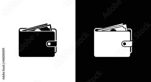 A classic bifold wallet filled with cash, a black and white icon symbolizing personal finance, spending, and wealth.