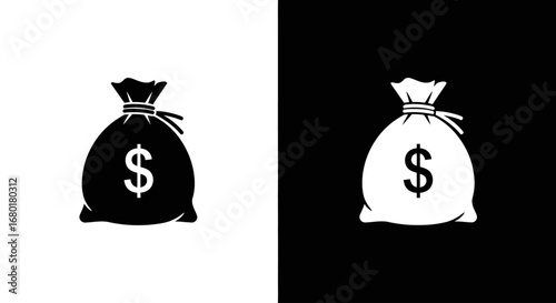 A money bag with a dollar sign, a classic black and white icon symbolizing wealth, savings, profit, and financial gain.