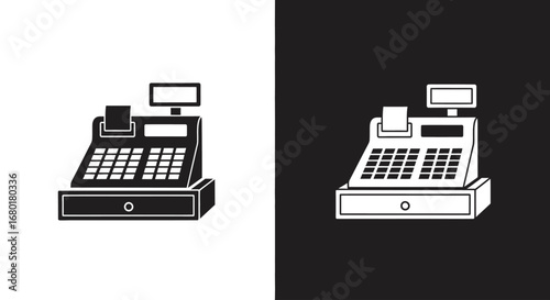 A cash register or till in a black and white icon, representing retail, sales, transactions, and the point of sale (POS).