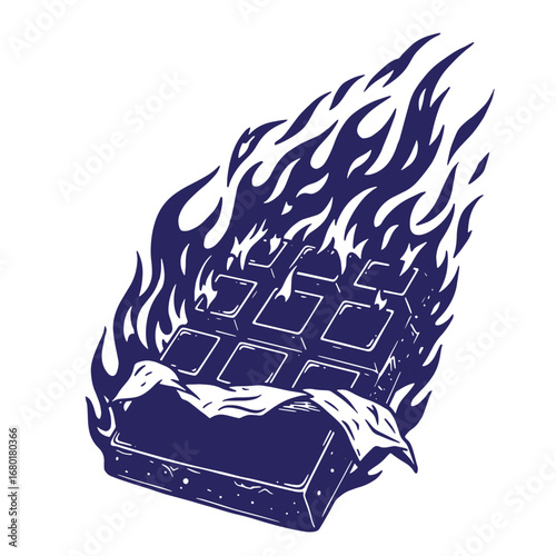 A dark blue chocolate bar with flames surrounding its outline on white background