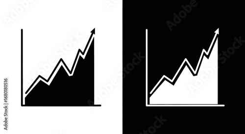 A sharp, jagged line graph pointing upwards, a black and white icon symbolizing rapid growth, stock market success, and volatility.