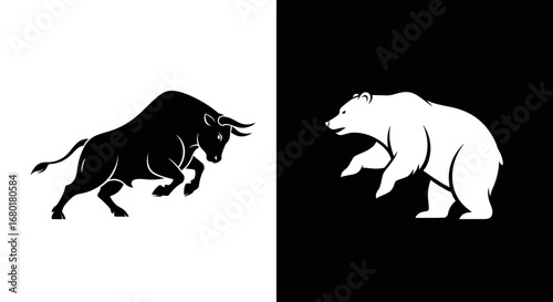 A silhouette of a bull and a bear, a classic black and white icon symbolizing the stock market's bullish and bearish trends.