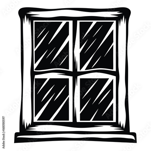 Monochrome image of a fourpane window with textured frame in black and white