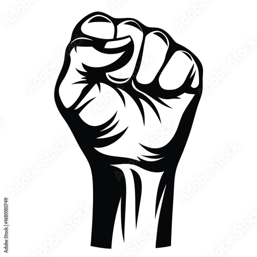 A black and white graphic illustration of a raised clenched fist