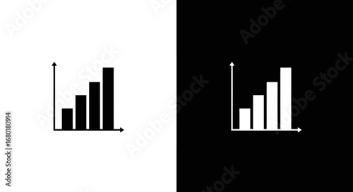 A simple bar chart with rising columns, a black and white icon representing growth, data, statistics, and business performance.