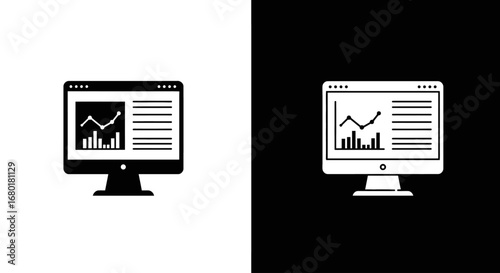 A computer monitor displaying a financial report with graphs, a black and white icon symbolizing data analysis and business intelligence.