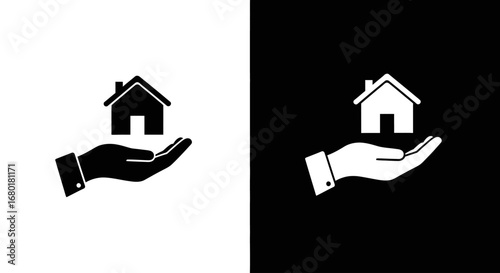 An outline style of a hand holding a house, a modern icon for real estate agencies, mortgage lenders, and property websites.