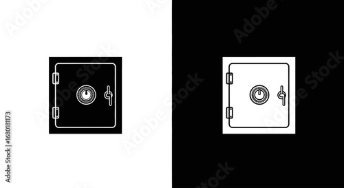 A strong metal safe box with a combination lock, a black and white icon symbolizing security, protection, and valuable assets.