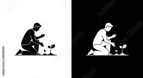 A person planting a small tree or sprout, a black and white icon symbolizing growth, investment, and nurturing future success.