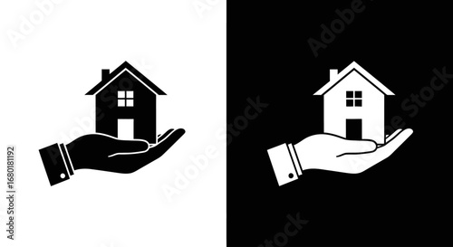 A hand holding a house, a black and white icon representing real estate, home ownership, property insurance, and mortgage.