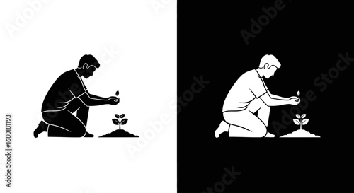 An outline style icon of a person planting a sprout, a modern symbol for long-term investments, startups, and sustainable growth.