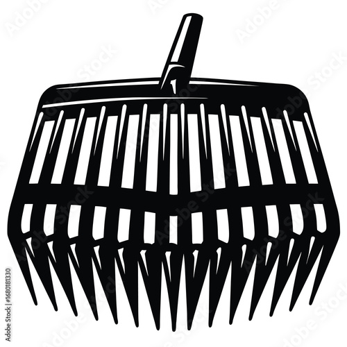 Black and white illustration of a rake, symbolizing garden work and tools