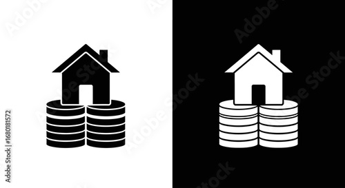 A house on top of a stack of coins, a black and white icon representing a real estate investment, mortgage, and property value.