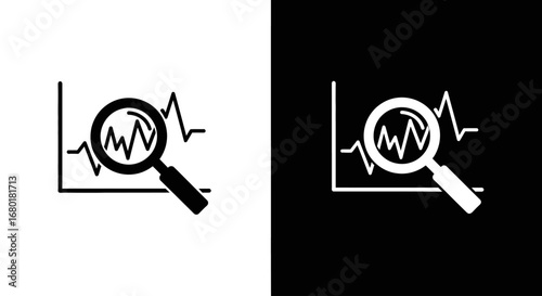 A magnifying glass over a volatile line graph, a black and white icon symbolizing stock market analysis and financial forecasting.