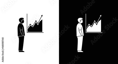 A person in a suit presenting a rising growth chart, a black and white icon symbolizing business success and positive results.