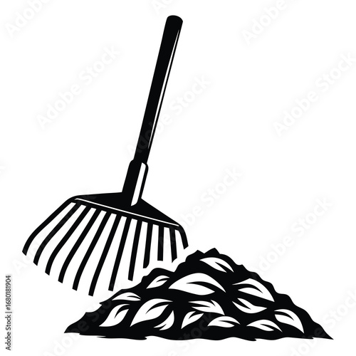 Graphic illustration of a rake gathering a pile of leaves in autumn