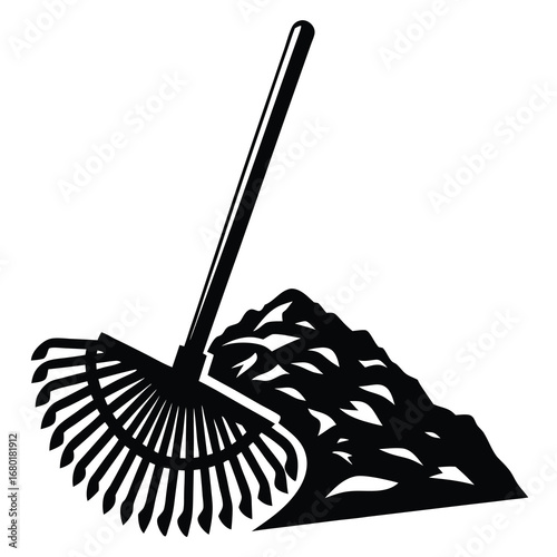 Monochrome illustration of a rake next to a pile of leaves or debris