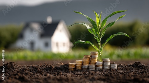 Plant Growing from Soil with Coins Symbolizing Growth and Wealth