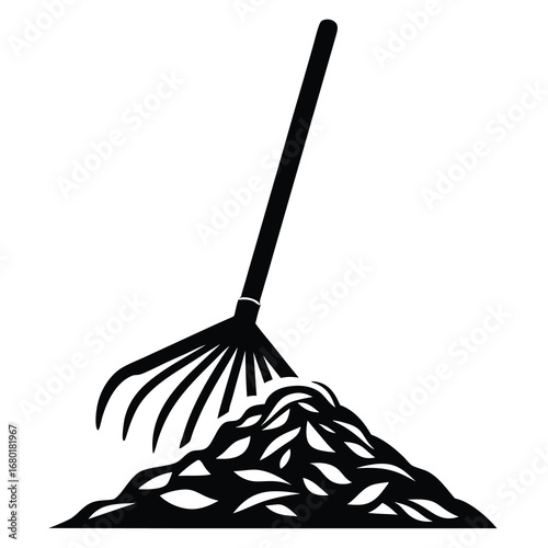 Black and White Illustration of a Rake and Pile of Leaves