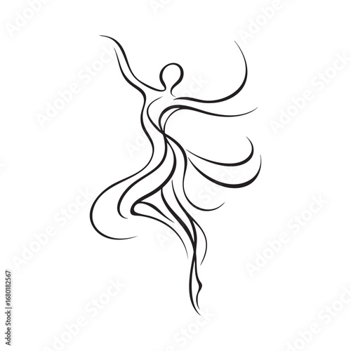 Stylized vector artwork portraying a dynamic dancer, an elegant silhouette crafted with crisp, flowing lines to evoke grace, movement, and artistic expression