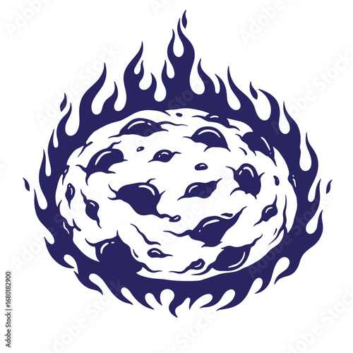 Abstract illustration of a burning celestial body with dark blue fire and detailed texture