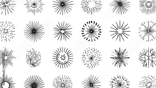 Collection of Abstract Sunburst Designs Black and White Vector Illustration Pattern and Graphic Elements for Creative Projects