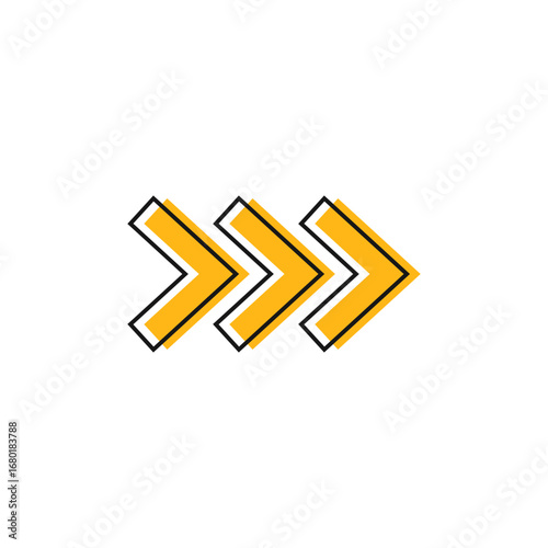 Three arrows direction : A series of three bold, stylized chevrons with outlines, pointing forward to suggest progress and movement. The geometric graphic is modern