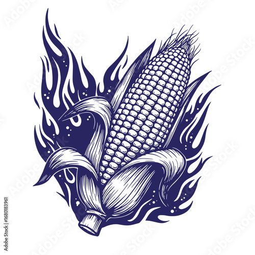 Artistic illustration of a corn cob surrounded by stylized flames on a white background