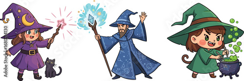 Cartoon wizard and witch illustration with magic wand, spell casting, potion brewing, fantasy characters, mystical powers, enchanted magical artwork