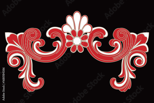 This elegant red and white ornate decorative swirl design is isolated on a white background.