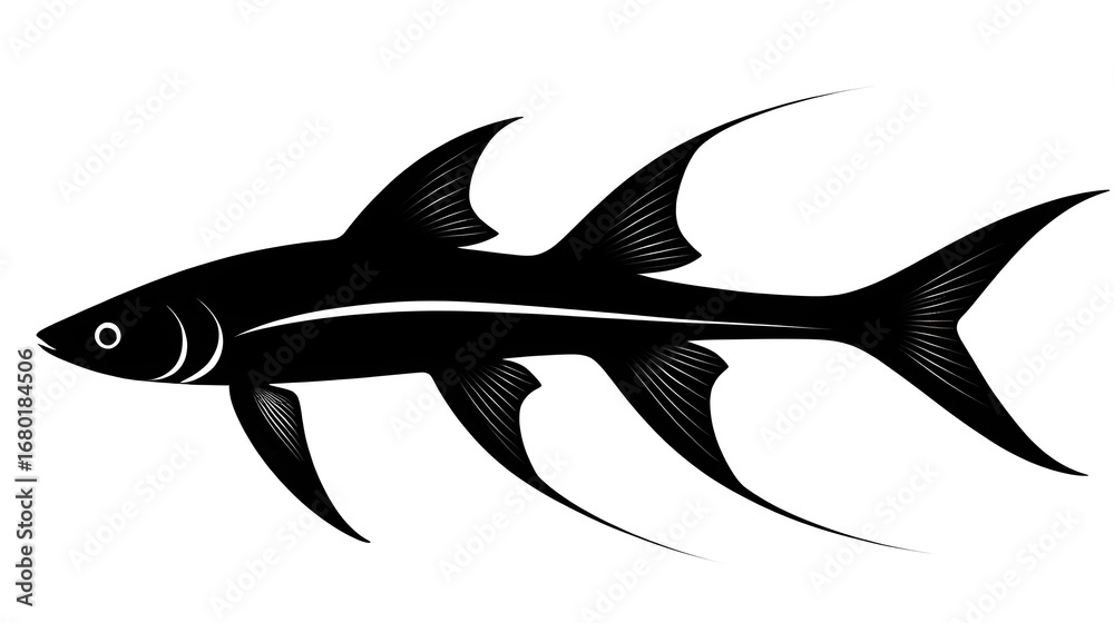 Fototapeta premium A sleek black vector silhouette depicts a swordtail fish, perfect for aquatic designs, pet store promotions, or educational materials about freshwater species.