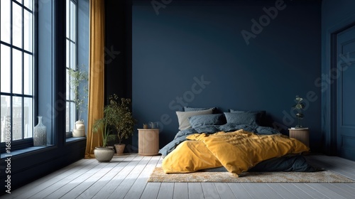 Dark navy blue bedroom with mustard yellow accents, large windows, and natural light