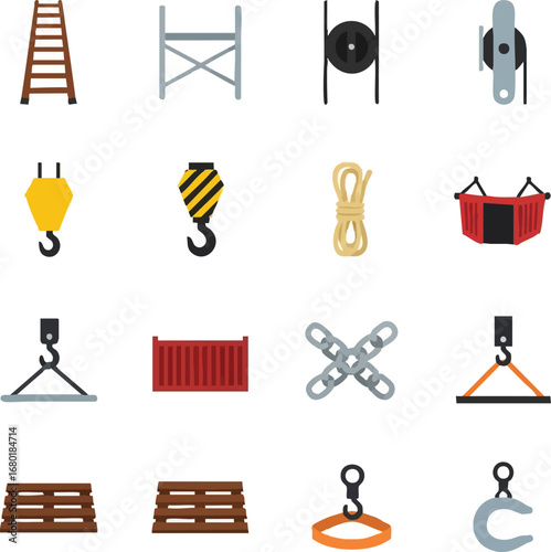 A diverse set of flat design icons illustrating essential equipment for construction, logistics, and heavy lifting operations, isolated on white.