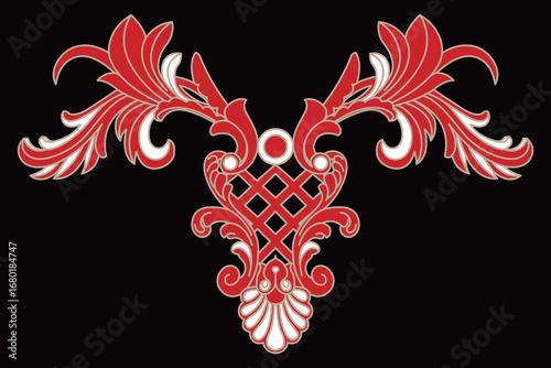 An ornate red and white symmetrical scroll design displays elegant flowing curves.