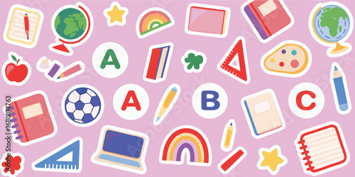 Collection of colorful school supplies and educational icons on a pink background