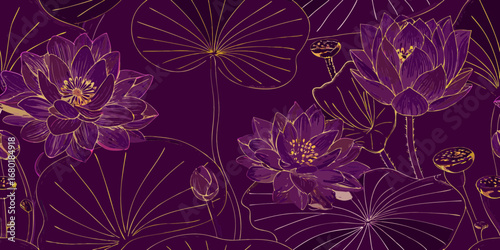 Elegant seamless pattern of purple lotus flowers and leaves with gold outlines on a deep plum background