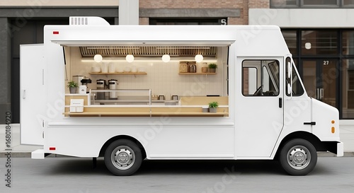 Modern White Food Truck, Minimalist Design.