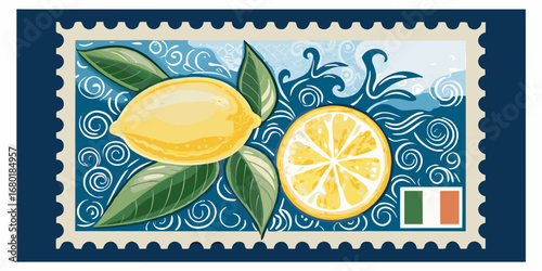 Italian stamp featuring a lemon slice and whole lemon with a blue swirling background
