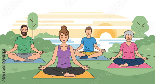 Illustration of diverse people practicing yoga outdoors in a serene park setting with a lake and sunset in the background, promoting wellness and mindfulness