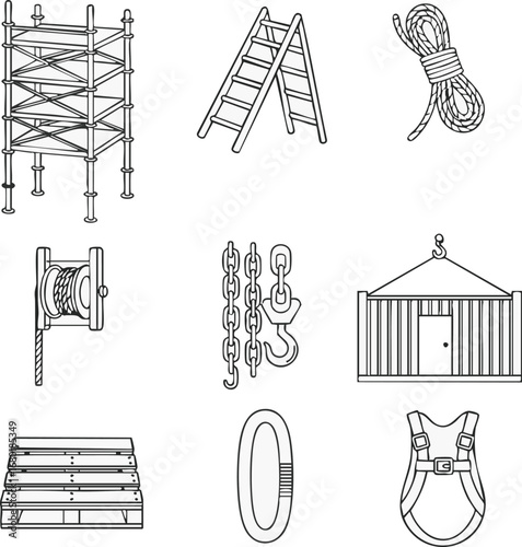 Essential line art icons showcasing diverse construction, industrial, and safety equipment, ideal for modern design projects and technical illustrations.