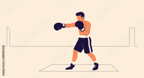 Boxing athlete practicing punches in a ring, illustration of a healthy lifestyle and competitive sport