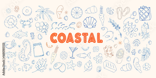 Coastal themed doodles with the word coastal in orange text surrounded by beach and ocean elements