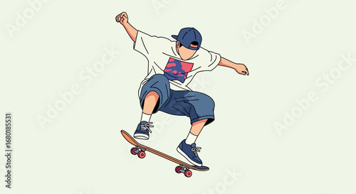 Energetic skateboarder in mid-air performing a trick, captured in a dynamic illustration showcasing urban youth culture and extreme sports lifestyle