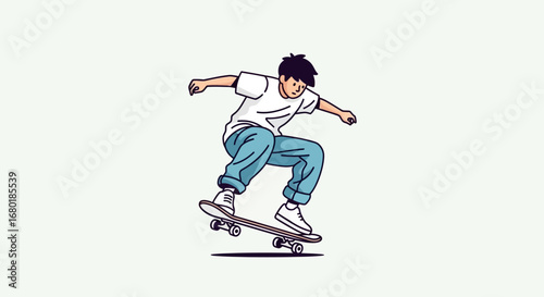 Young man on skateboard performing a trick during a sunny day, athletic pursuit and vibrant urban lifestyle depiction, captured in a dynamic illustration style